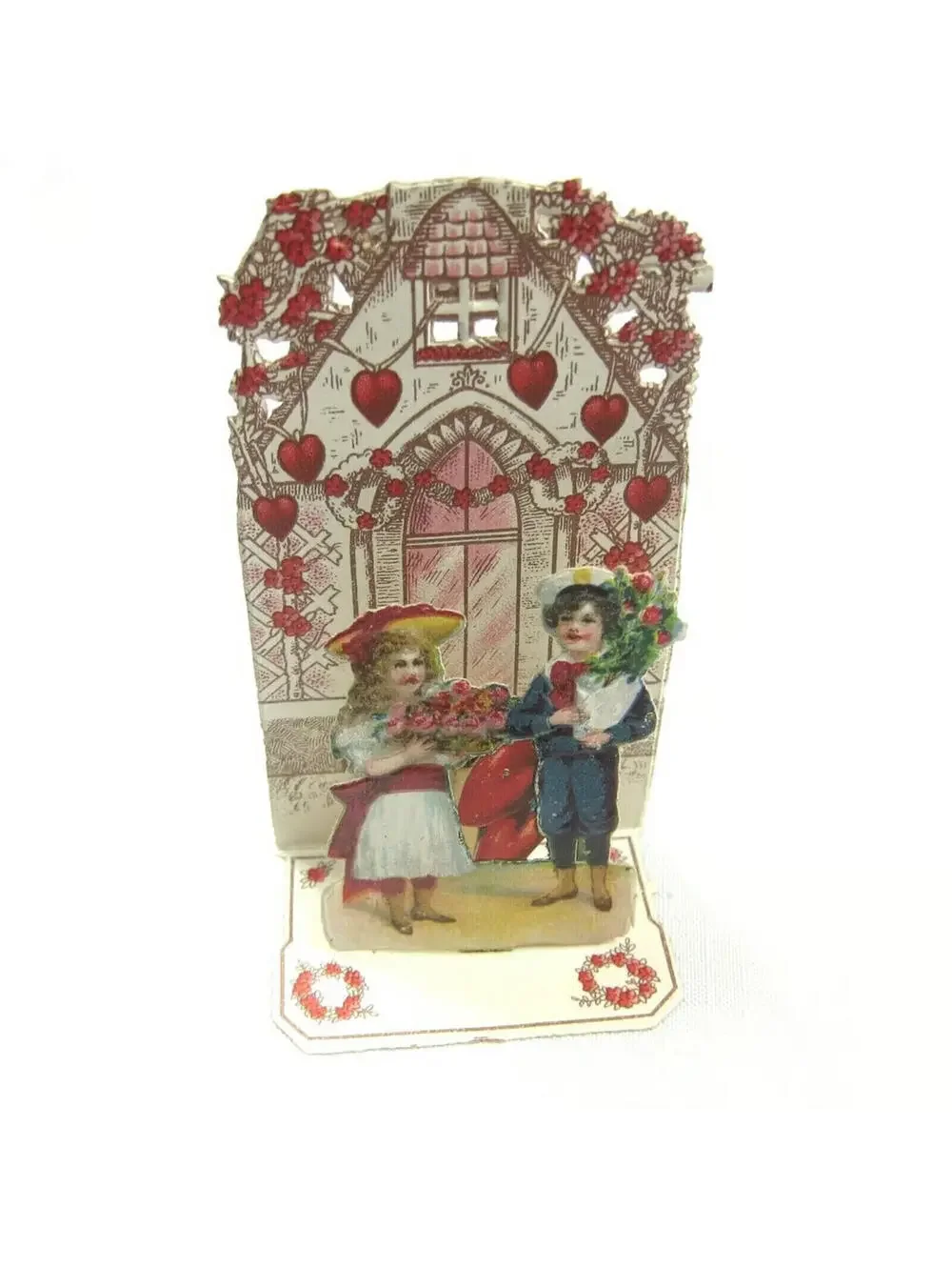 Vintage Valentine Pop Up 3D Pull Down Die Cut Victorian Girl Boy Flowers Germany